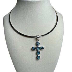 Sterling Silver 925 Cross Pendant w/ Natural Blue Topaz – Excellent Condition
